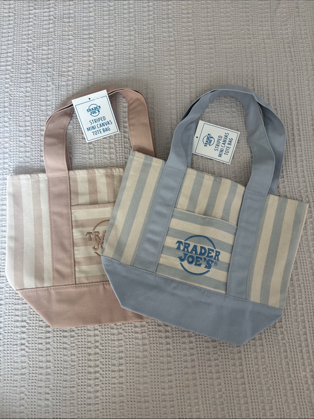 Pair of Trader Joe's Striped Mini Tote Bags in Light Blue and Khaki